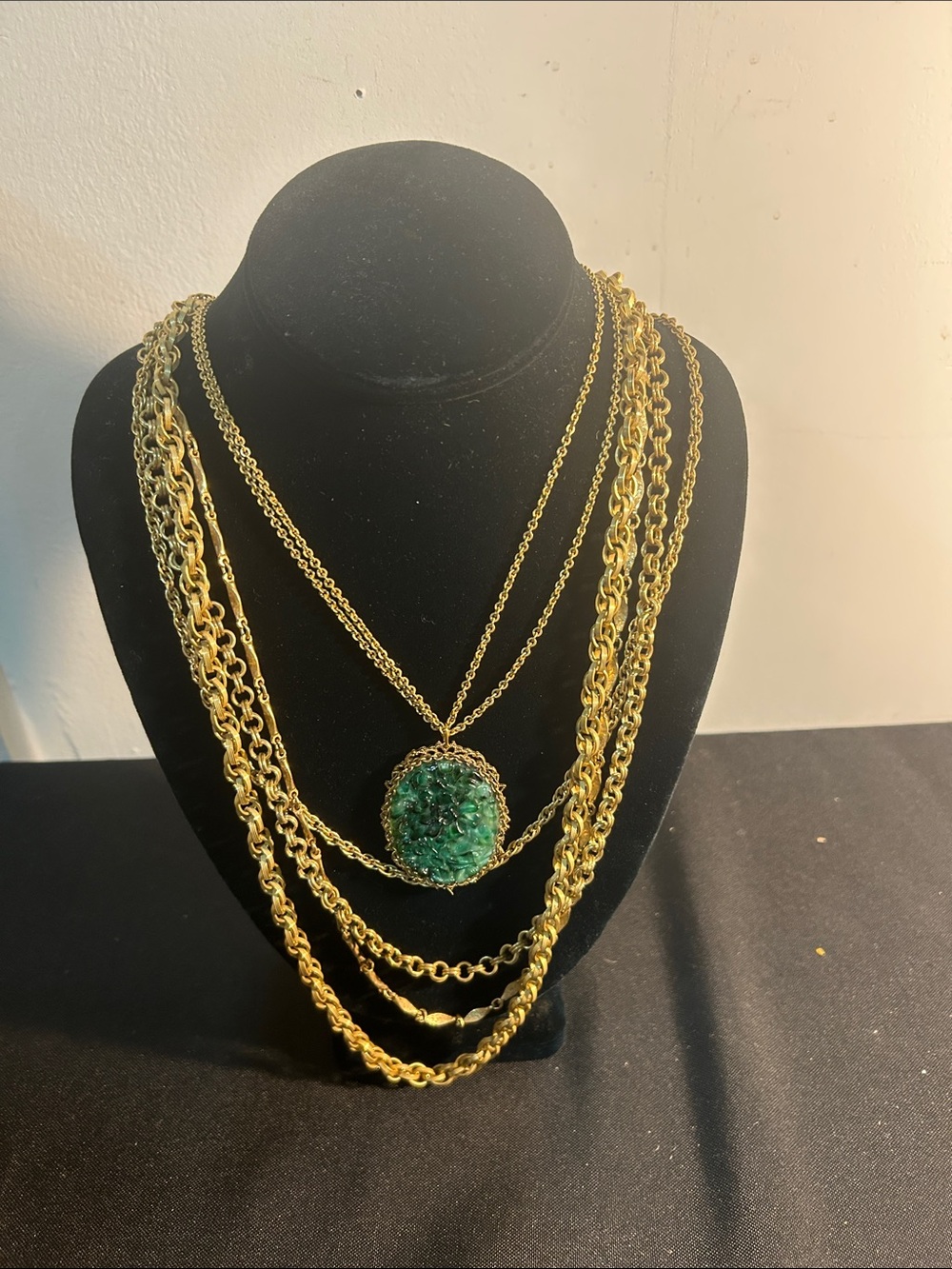 Gold-Tone Layered Necklace with Green Druzy Pendant